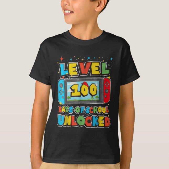 Level 100 Days Of School Unlocked Gaming Pixel 100 T-Shirt (Front)