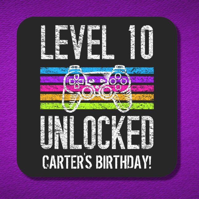 Level 10 Unlocked 10th Birthday Personalized Gamer Square Sticker (Creator Uploaded)