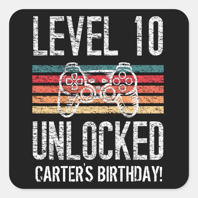 Level 10 Unlocked 10th Birthday Personalized Square Sticker (Front)