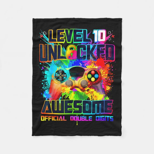Level 10 Unlocked Awesome Gaming Birthday Boy 10th Fleece Blanket (Front)