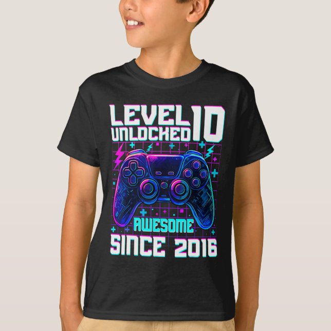 Level 10 Unlocked Awesome Since 2016 10th Birthday T-Shirt (Front)