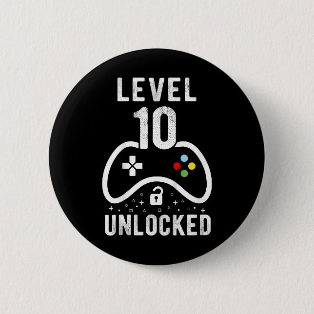 Level 10 Unlocked Video Game 10th Birthday Gift 1  Button (Front)