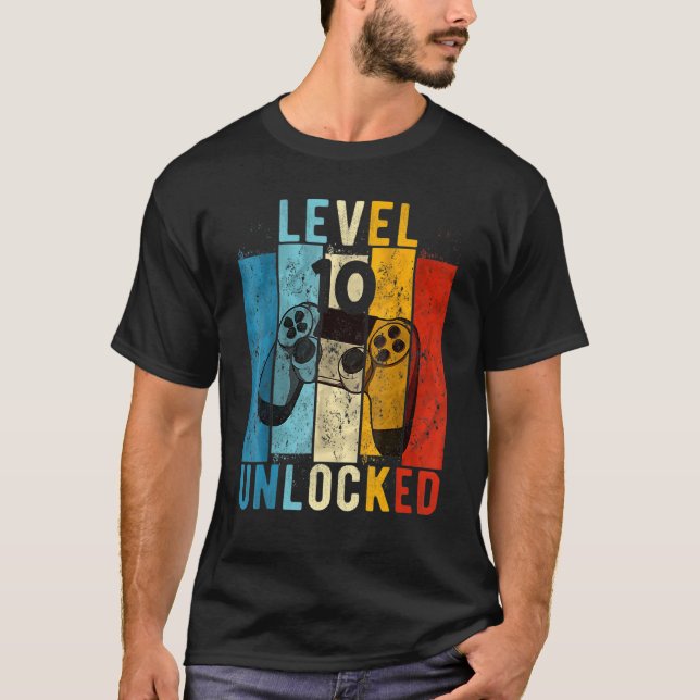 Level 10 Unlocked Video Gamer 10 Year Old 10th Bir T-Shirt (Front)