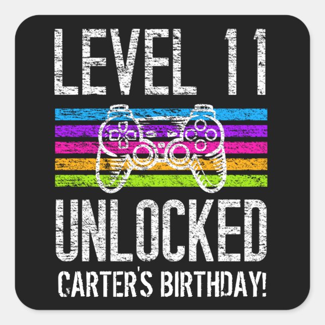 Level 11 Unlocked 11th Birthday Personalized Gamer Square Sticker (Front)