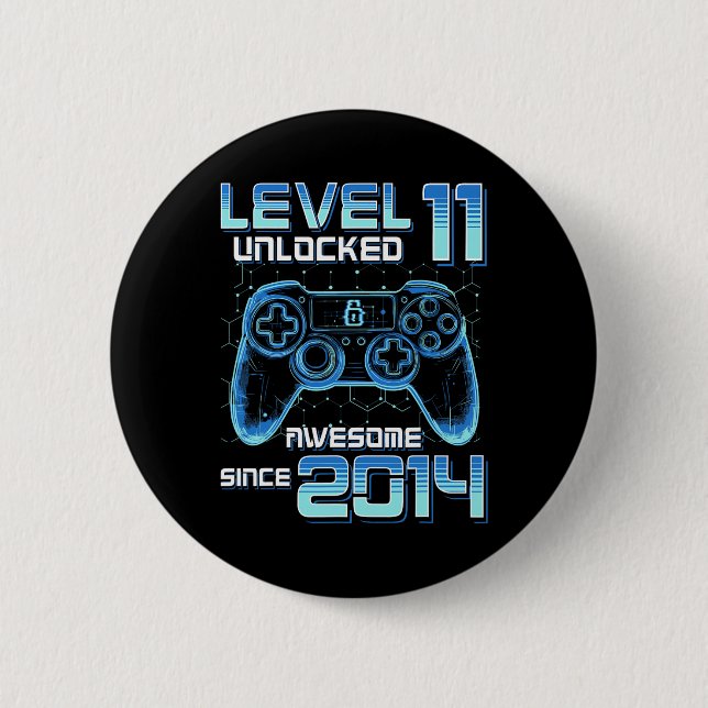 Level 11 Unlocked Video Game Party 11th Birthday G Button (Front)