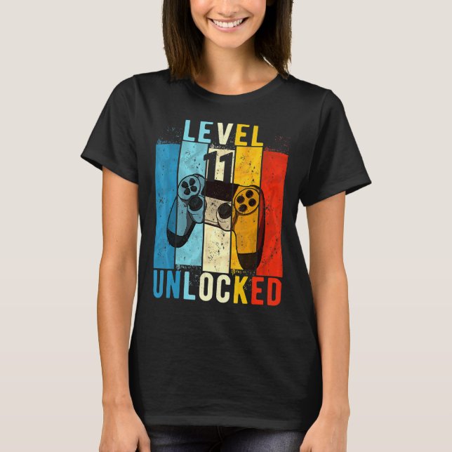 Level 11 Unlocked Video Gamer 11 Year Old 11th Bir T-Shirt (Front)