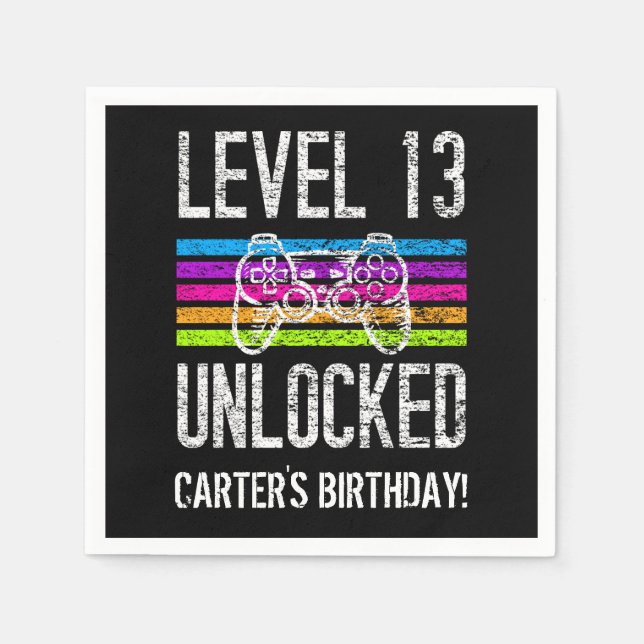 Level 13 Unlocked 13th Birthday Personalized Paper Napkins (Front)