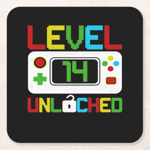 Level 14 Unlocked Video Game 10th Birthday Gift Square Paper Coaster