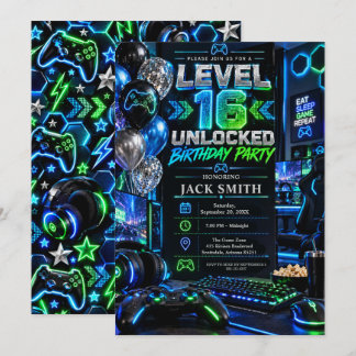 Level 16 Unlocked Gaming Birthday Party Invitation