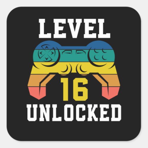 Level 16 Unlocked Video Game 16th Gamer Birthday Square Sticker