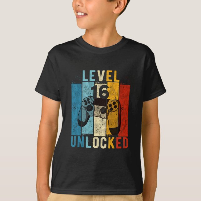 Level 16 Unlocked Video Gamer 16 Year Old 16th Bir T-Shirt (Front)