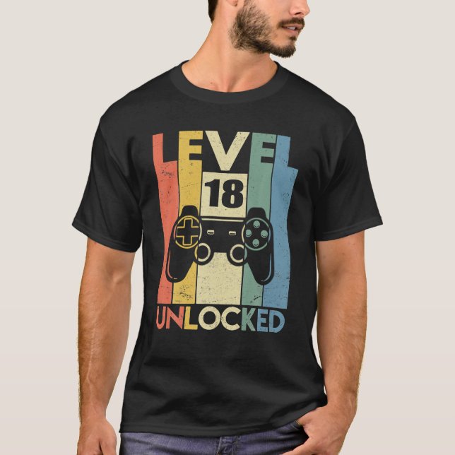 Level 18 Unlocked 18th Video Gamer Birthday Boy T-Shirt (Front)