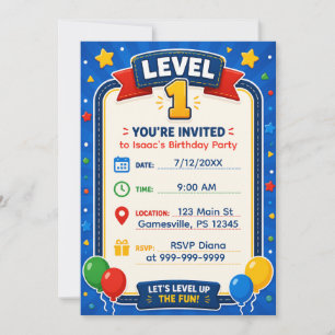 Level 1 Birthday Party Invitation Video Game
