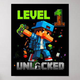 Level 1 Unlocked Funy Birthday Boy Pixel Gamer 1st Poster