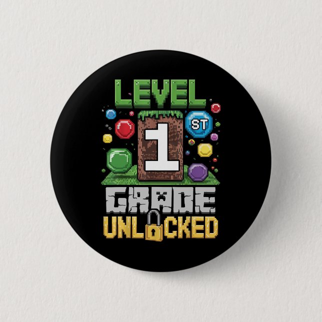 Level 1st Grade Unlocked Video Game First Day Back Button (Front)