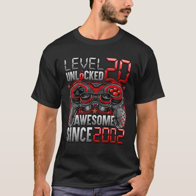 Level 20 Unlocked Awesome Since 2002 20th Birthday T-Shirt (Front)