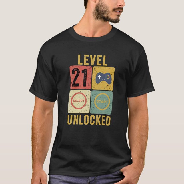 Level 21 Unlocked, 21Th Birthday Gift Video Gamer T-Shirt (Front)
