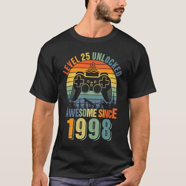 Level 25 Unlocked  25th Birthday Gamer 1998 Boys G T-Shirt (Front)