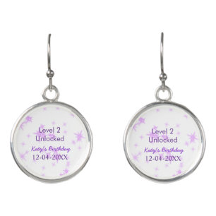 Level 2 unlocked add birthday name date purple spa earrings