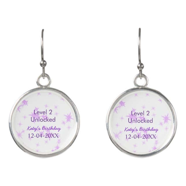 Level 2 unlocked add birthday name date purple spa earrings (Front)