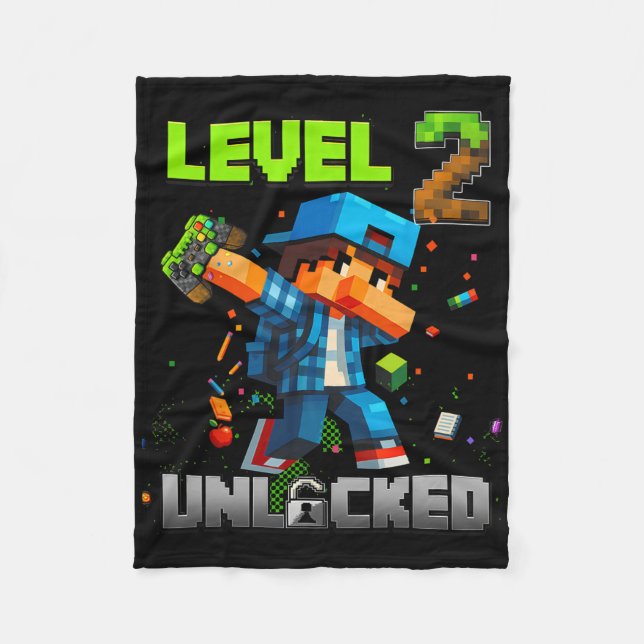 Level 2 Unlocked Funy Birthday Boy Pixel Gamer 2nd Fleece Blanket (Front)