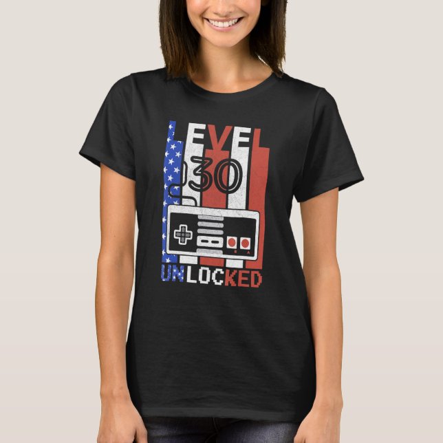 Level 30 Unlocked American Flag Video Game 30th Bi T-Shirt (Front)