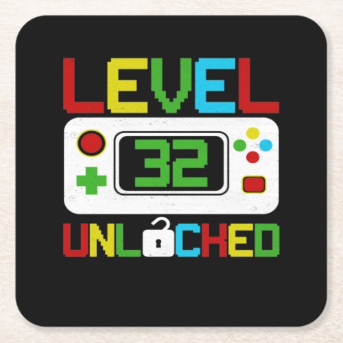 Level 32 Unlocked Video Game 10th Birthday Gift Square Paper Coaster