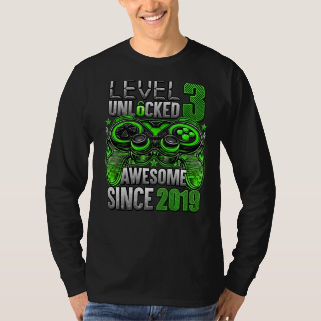 Level 3 Unlocked Awesome Since 2019 3rd Birthday   T-Shirt (Front)
