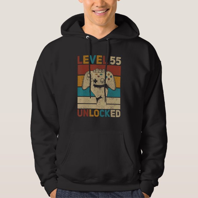 Level 55 Unlocked 55th Birthday 55 Years Old Gamer Hoodie (Front)