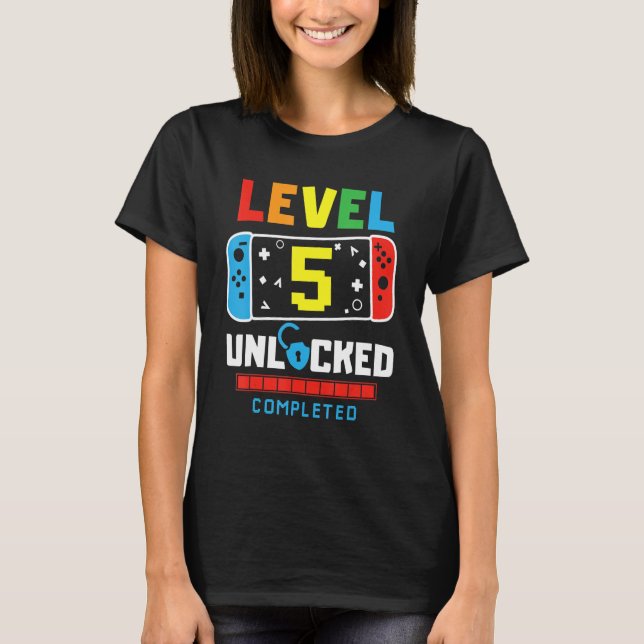 Level 5 Unlocked Completed Game Happy 5th Birthday T-Shirt (Front)