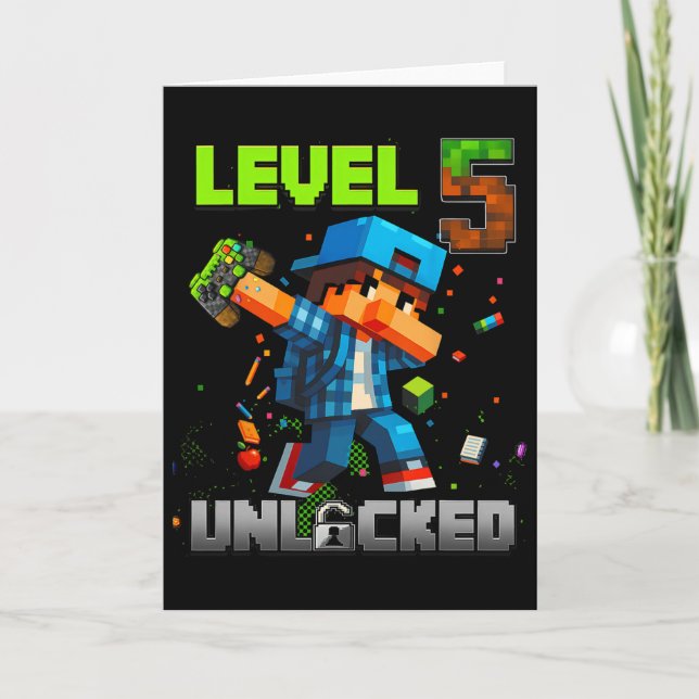 Level 5 Unlocked Funy Birthday Boy Pixel Gamer 5th Card (Front)