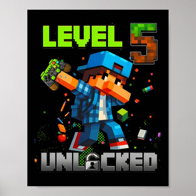 Level 5 Unlocked Funy Birthday Boy Pixel Gamer 5th Poster (Front)