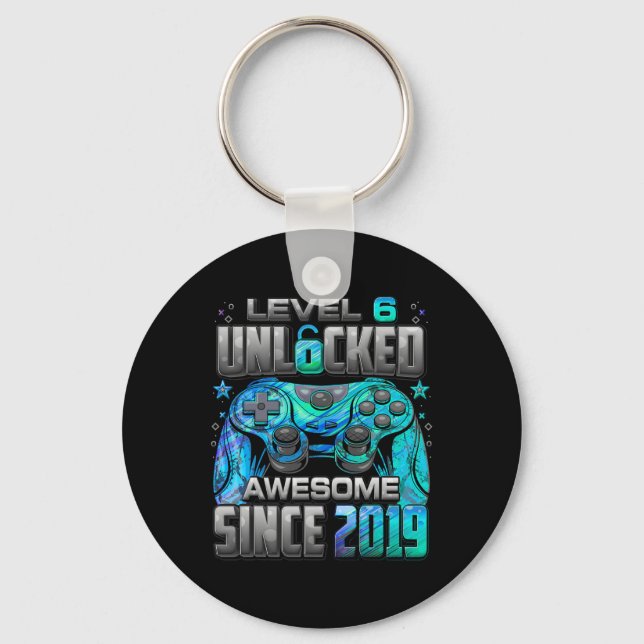 Level 6 Unlocked Awesome Since 6th Birthday Gaming Keychain (Front)
