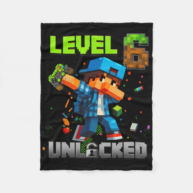 Level 6 Unlocked Funy Birthday Boy Pixel Gamer 6th Fleece Blanket (Front)