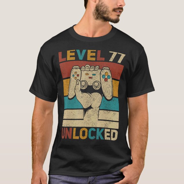 Level 77 Unlocked 77th Birthday 77 Years Old Gamer T-Shirt (Front)