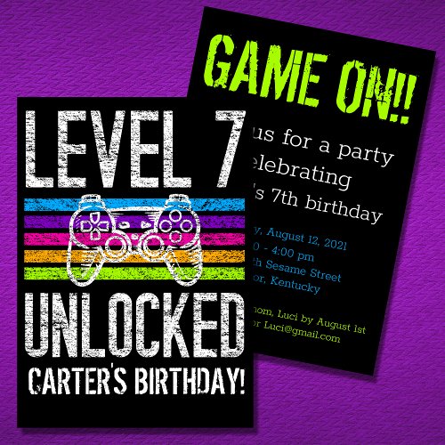 Level 7 Unlocked 7th Birthday Personalized Gamer Invitation