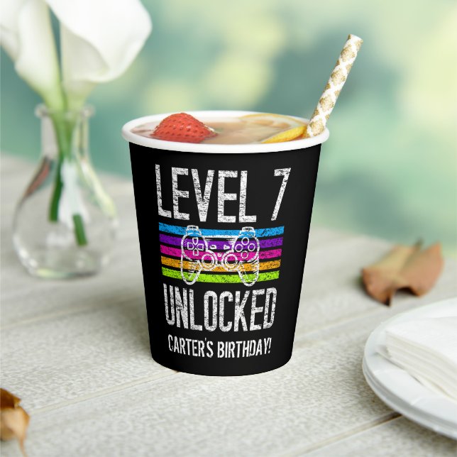Level 7 Unlocked 7th Birthday Personalized Gamer Paper Cups (Insitu)