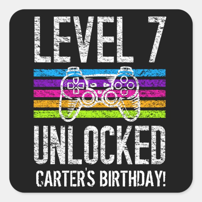 Level 7 Unlocked 7th Birthday Personalized Gamer Square Sticker (Front)
