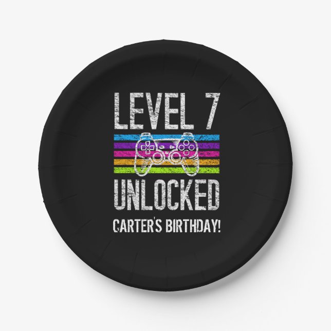 Level 7 Unlocked 7th Birthday Personalized Paper P Paper Plates (Front)