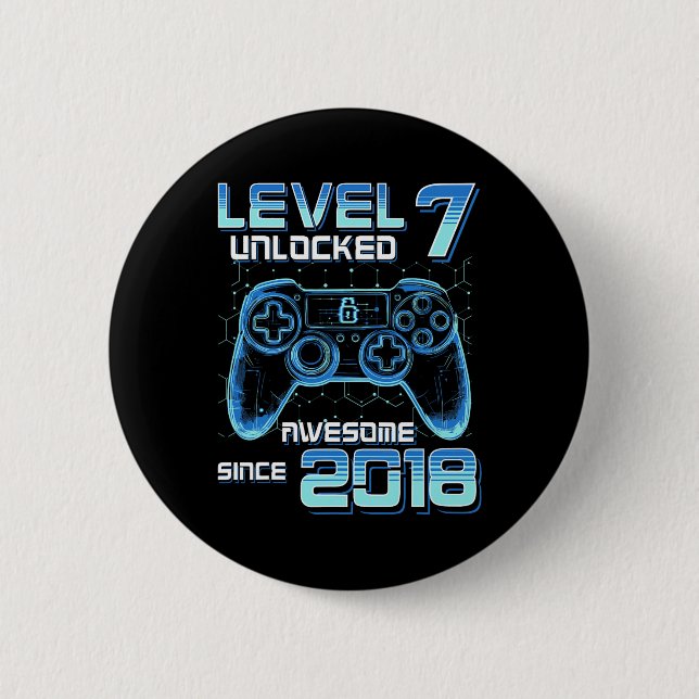 Level 7 Unlocked Video Game Party 7th Birthday Gam Button (Front)