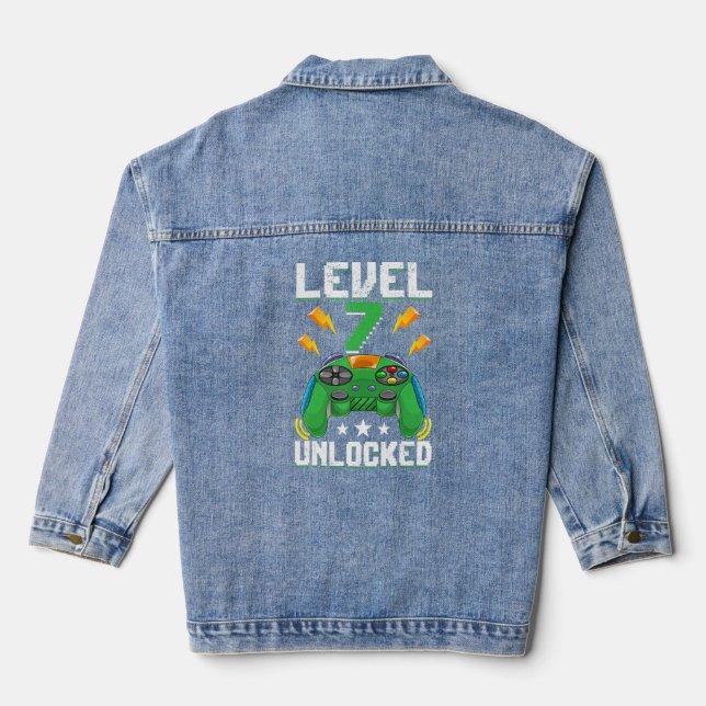 Level 7 Unlocked Video Gamer 7th Birthday 7 Year O Denim Jacket (Back)