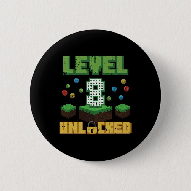 Level 8 Unlocked Pixel Gamer 8th Birthday Gaming B Button (Front)