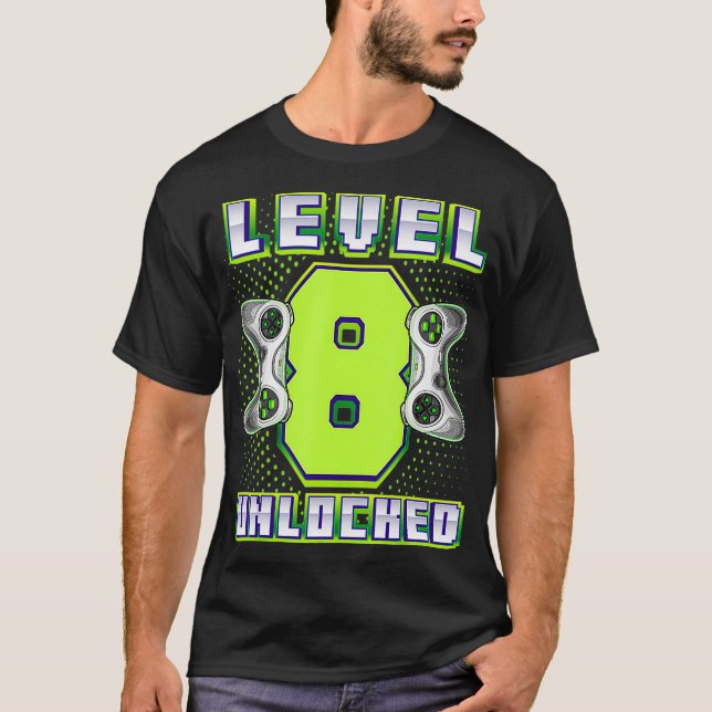 Level 8 Unlocked Video Game 8th Birthday Gamer Boy T-Shirt (Front)