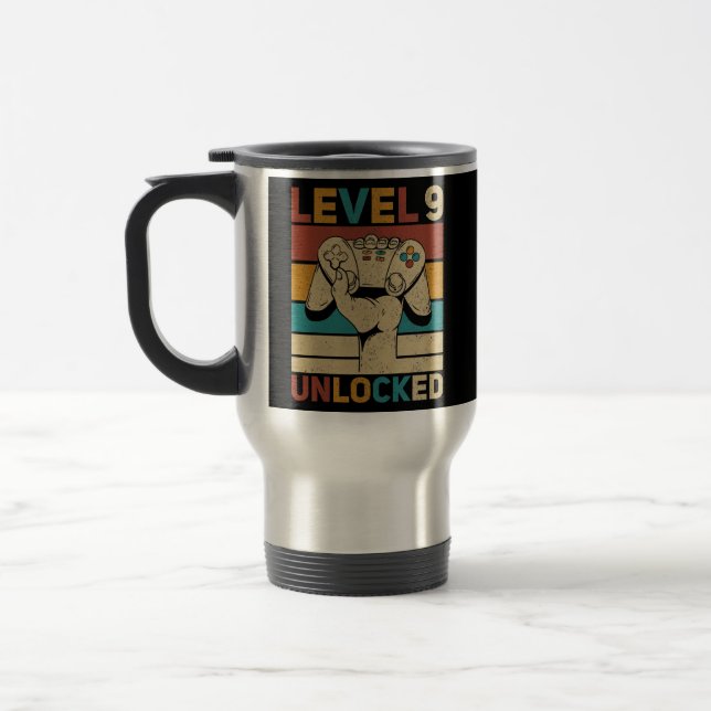 Level 9 Unlocked 9th Birthday 9 Year Old Gamer Travel Mug (Left)
