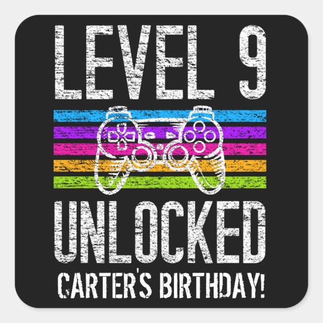 Level 9 Unlocked 9th Birthday Personalized Gamer Square Sticker (Front)