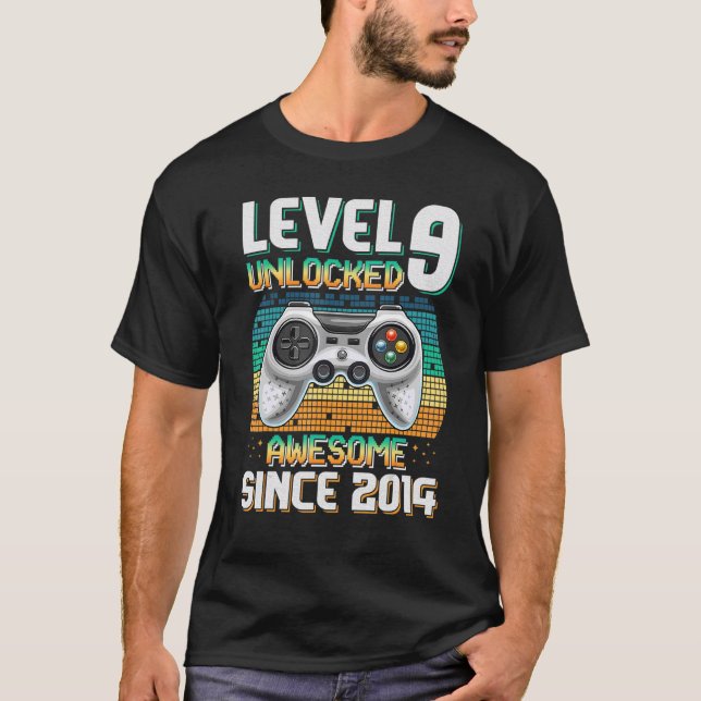 Level 9 Unlocked Awesome Since 2014 9th Birthday G T-Shirt (Front)