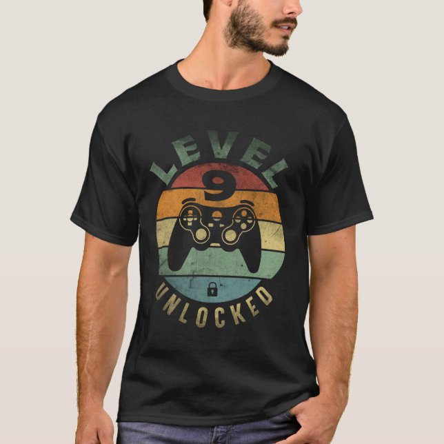 Level 9 Unlocked Funny Video Gamer 9th Birthday T-Shirt (Front)