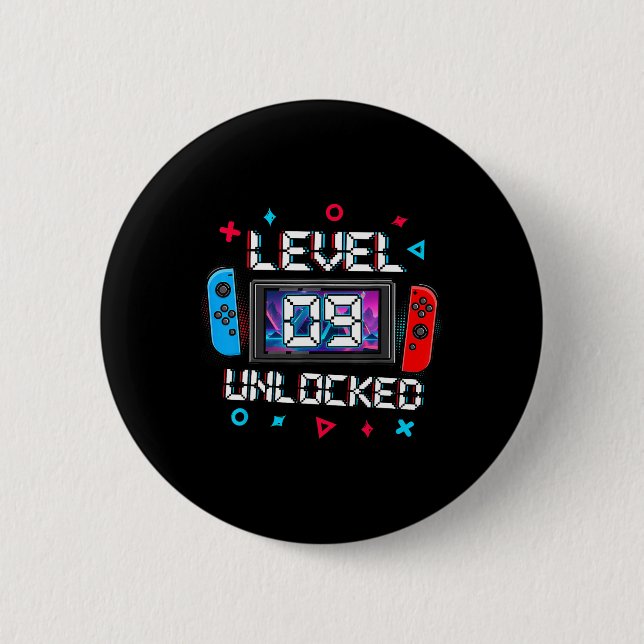 Level 9 Unlocked Gamer 9th Birthday Gift Video Gam Button (Front)