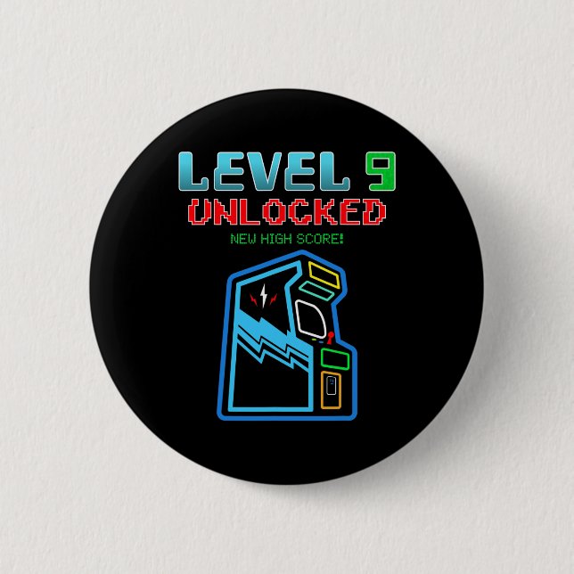 Level 9 Unlocked New High Score Arcade Game Birthd Button (Front)