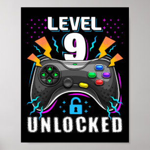 Level 9 Unlocked Video Game 9th Birthday Gamer Gif Poster